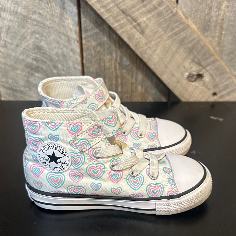 Converse Kids White High-Top Sneakers with Pink & Mint Hearts